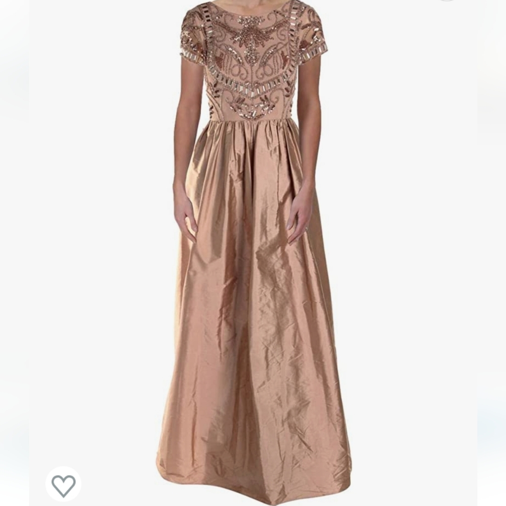 Adrianna Papell Women's Long Silky Taffeta Dress with Beaded Short Sleeves